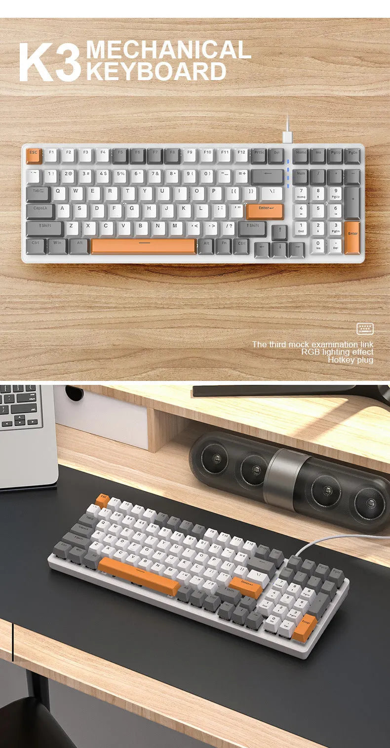 Plastic mechanical keyboard with 100 keys, wired USB connection, ABS construction, available in Bee colour option