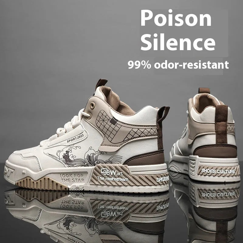 Men's beige, white and blue high-top board shoes with lace-up front and rubber sole.