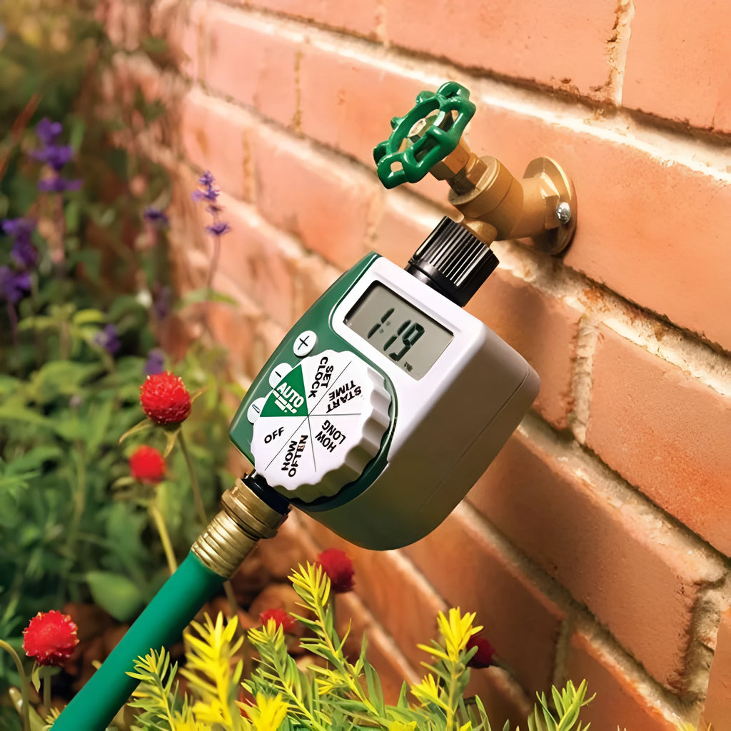 Green garden irrigation controller with LCD display and rotary dial for automatic hose timer