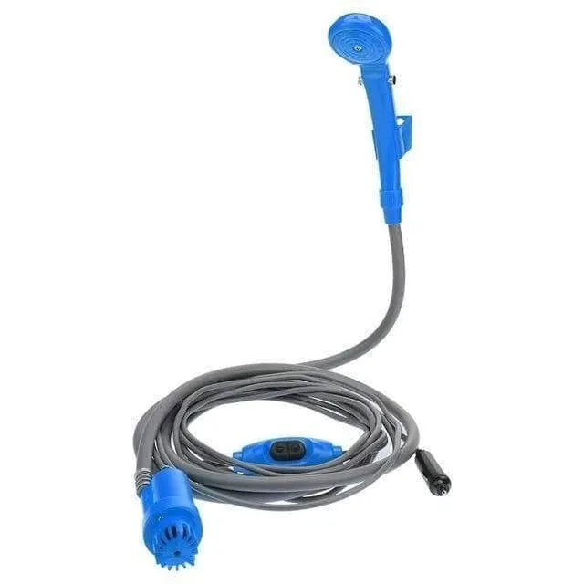 Portable DC shower in blue with car cigarette lighter plug, 2m soft water pipe, and hanging nozzle kit