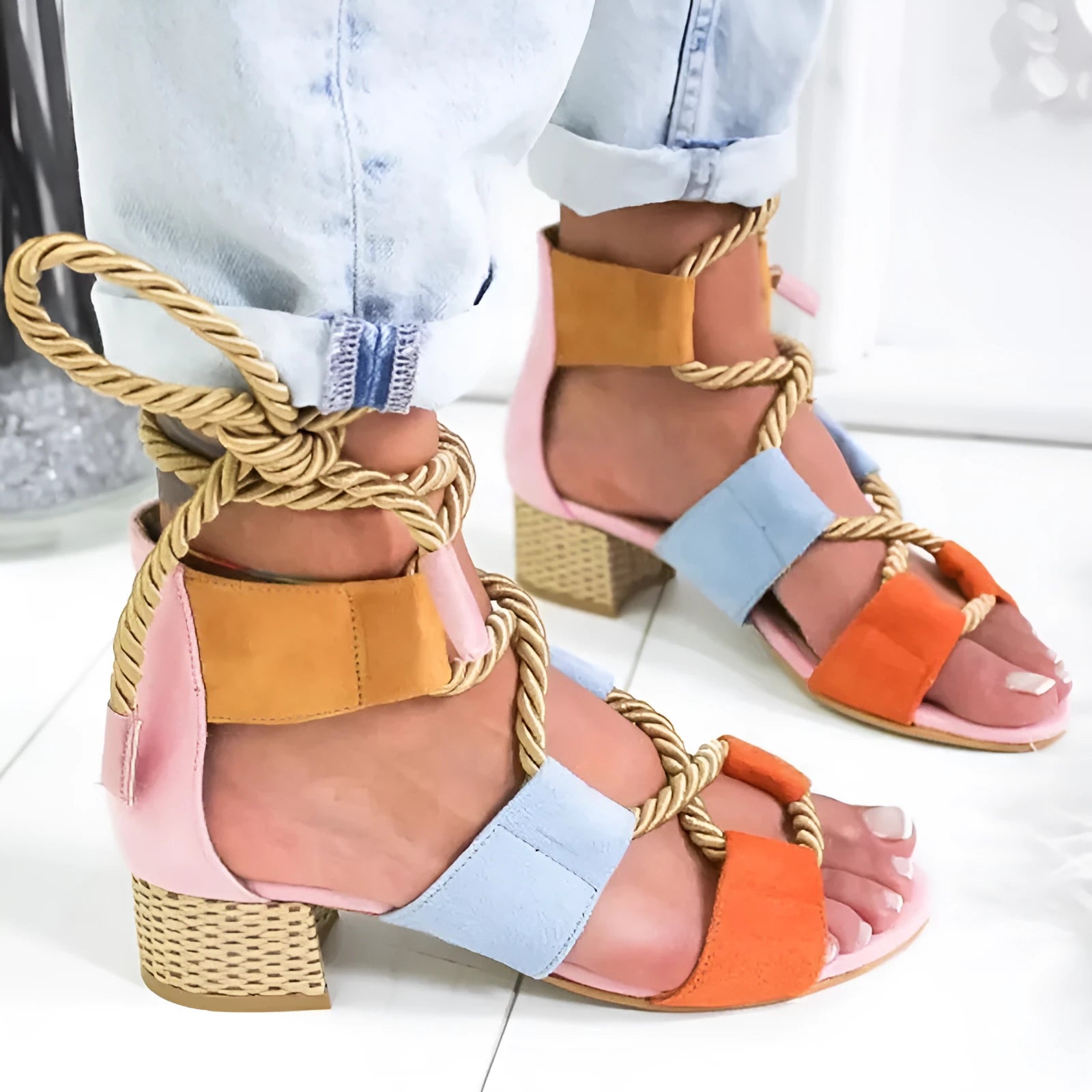 Women's beige suede ankle strap sandals with round toe and 3-5cm thick heel