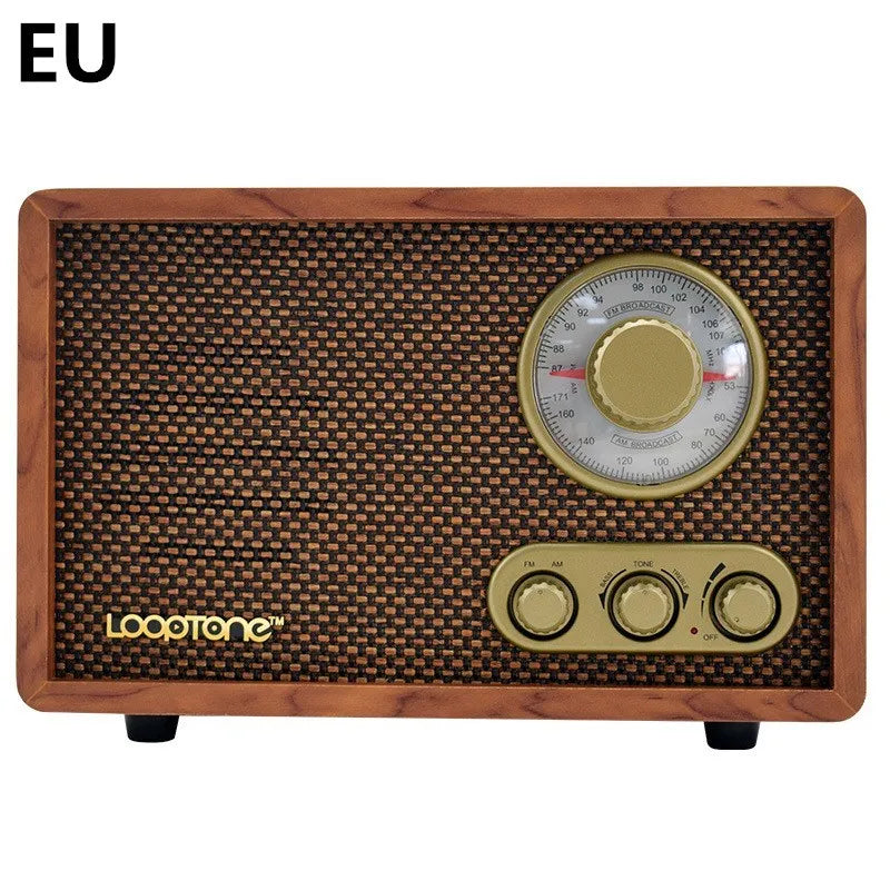 R08 wooden retro Bluetooth radio in dark brown finish with AM FM dial and tone controls