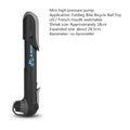 Black bicycle mini pump with round handle, 18cm length, 106g weight, on a wooden surface with bracket and mounting tape