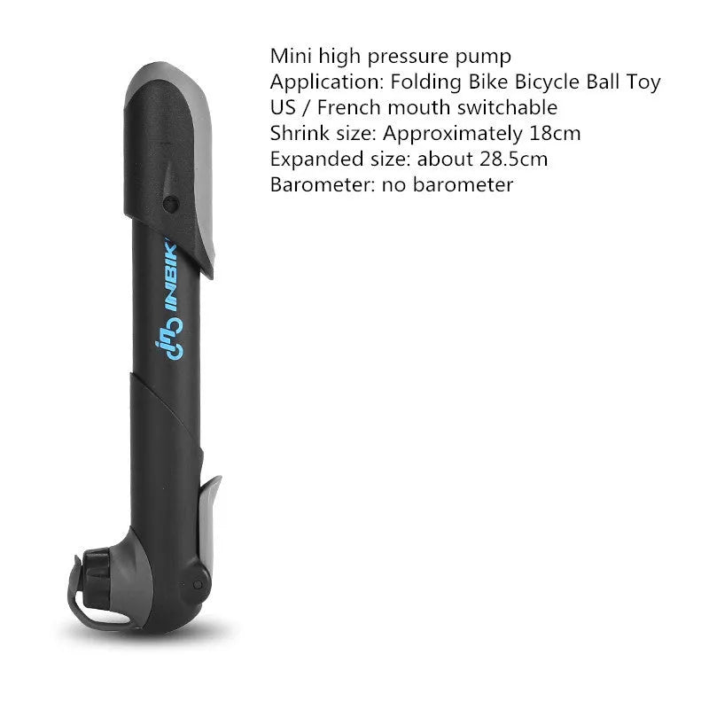 Black bicycle mini pump with round handle, 18cm length, 106g weight, on a wooden surface with bracket and mounting tape