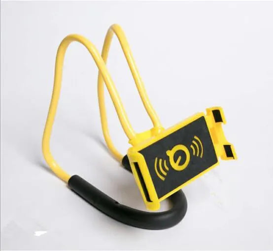 White flexible phone neck holder with 360-degree rotating clamp holding a smartphone