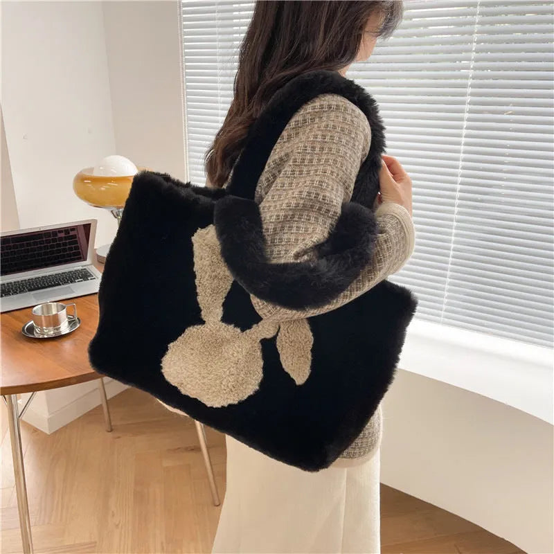 Cartoon rabbit ears plush shoulder tote bag in solid colour with large capacity