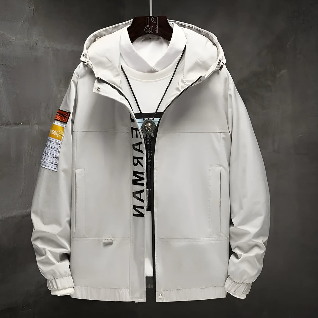 Hong Kong style jacket for men in black, made from 100% polyester chemical fibre fabric.