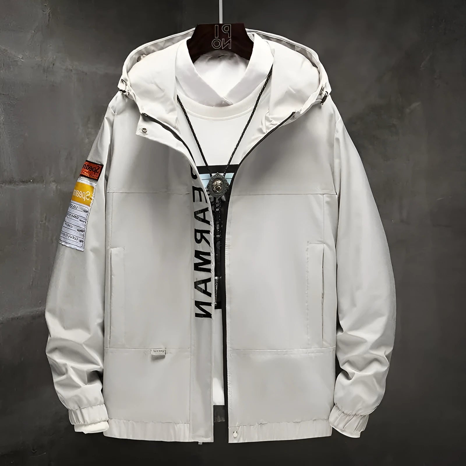 Hong Kong style jacket for men in black, made from 100% polyester chemical fibre fabric.