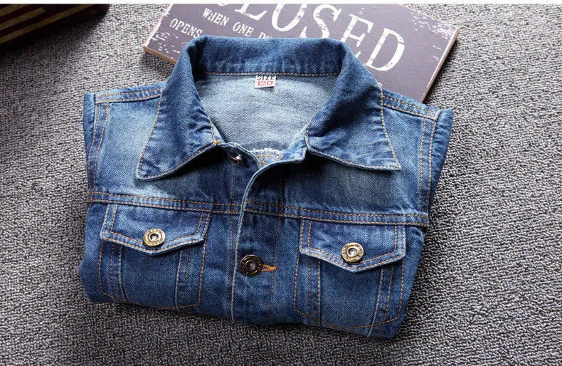 Children girls ripped denim jacket in dark blue cotton with hood, available in multiple sizes