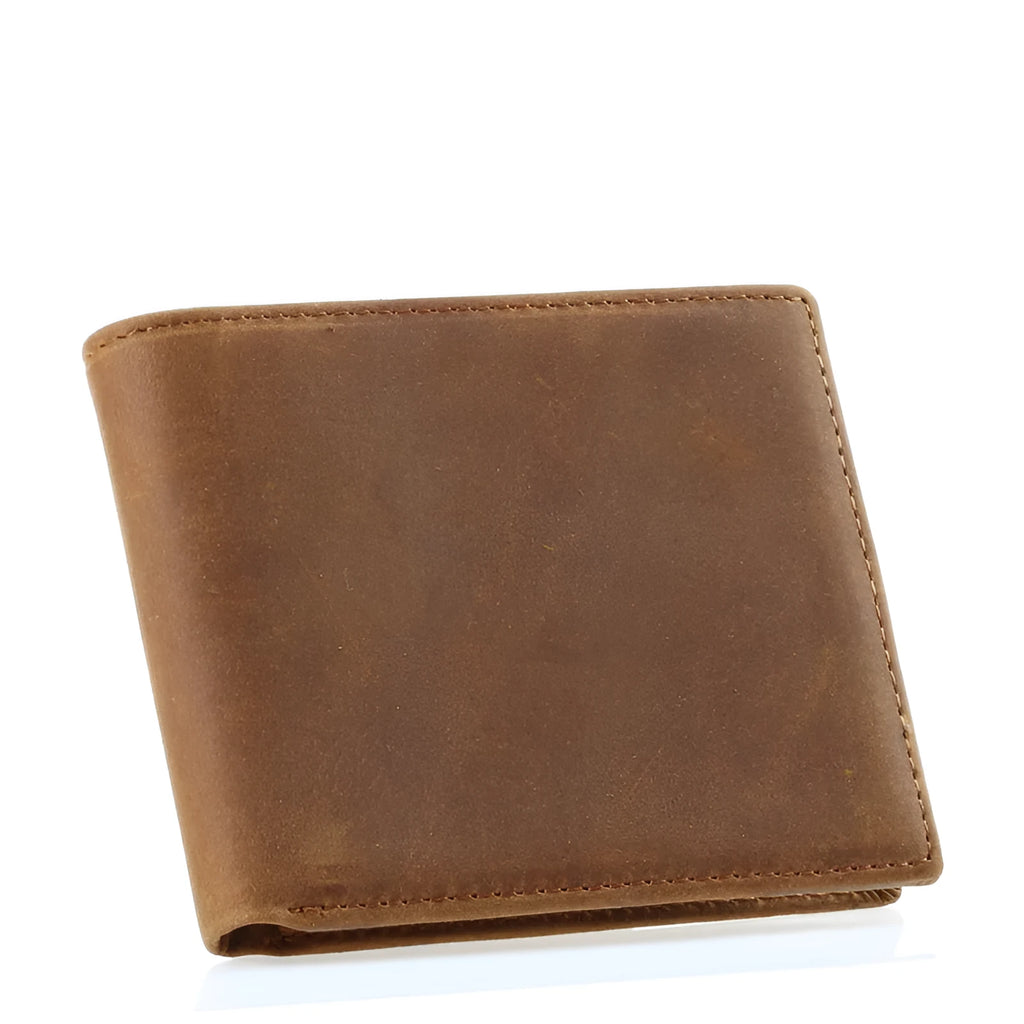 Brown frosted leather short wallet with two-fold design, card slots, and hidden compartment on black background