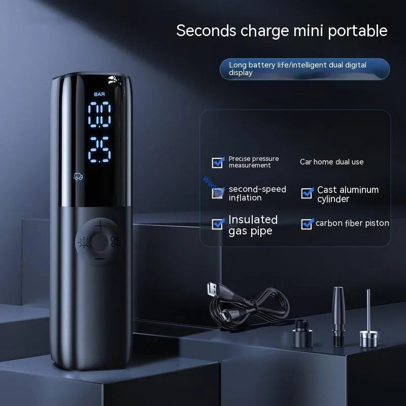 Black portable electric vehicle air pump with tyre pressure gauge and inflation tube