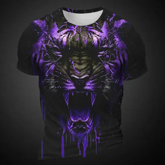 Men's short sleeve T-shirt with 3D tiger pattern print in polyester bird eye cloth