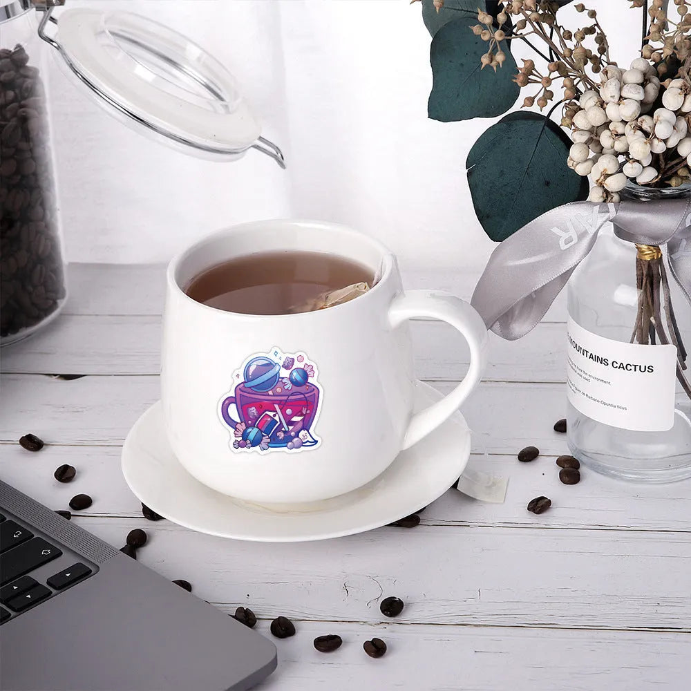 Pack of 50 colourful tea cup graffiti stickers in a Nordic style for waterproof DIY decoration.
