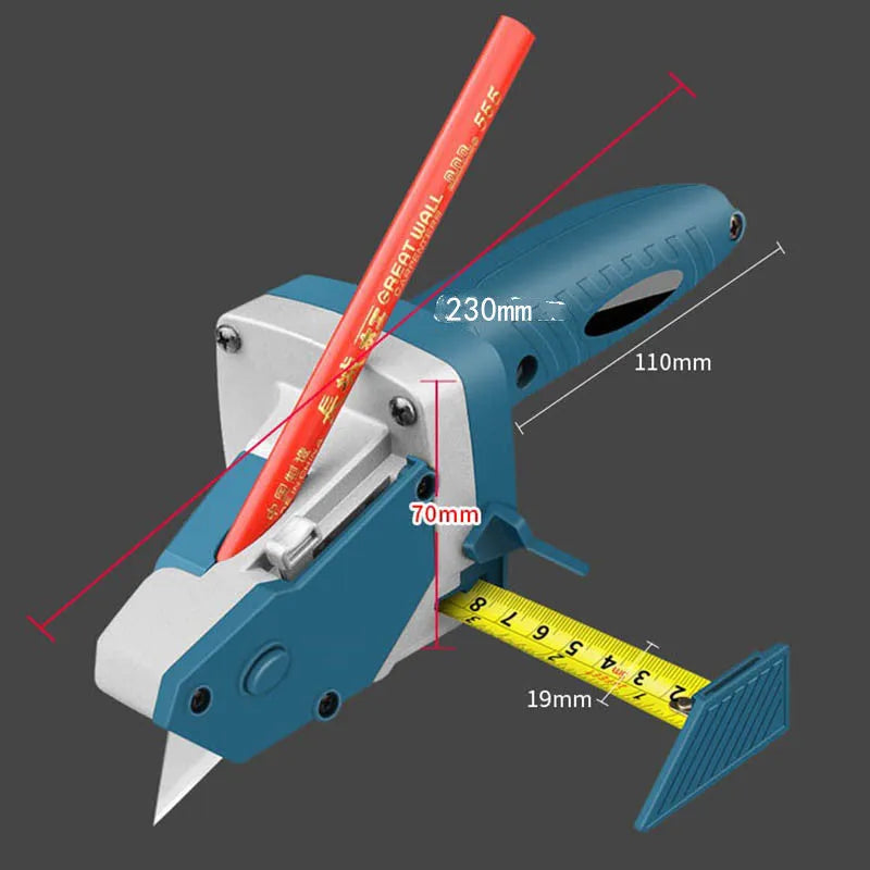 Blue multi-functional woodworking cutter with one-press lock for cutting gypsum board, foam board, and cardboard.