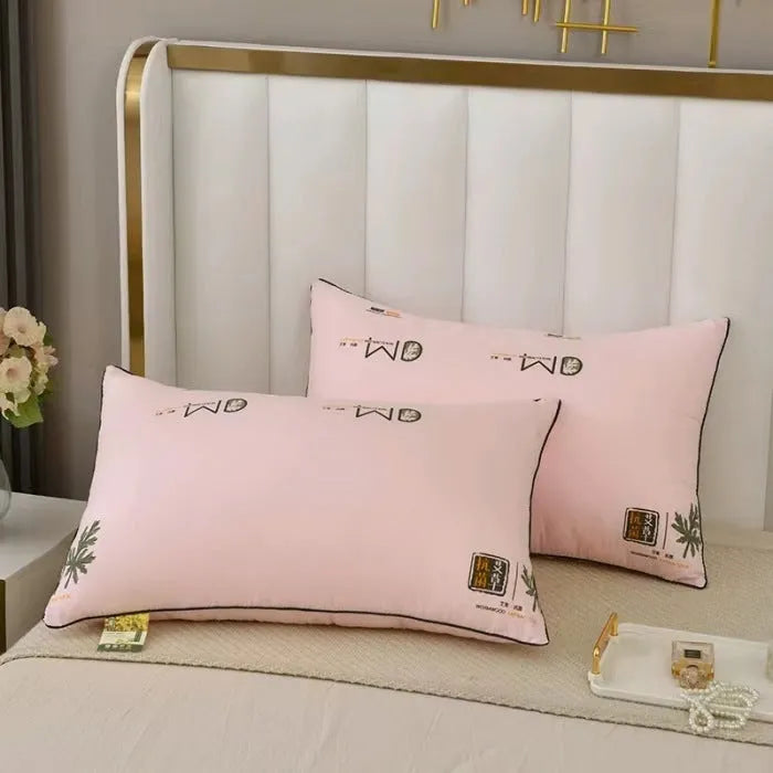 Polyester pillow core in blue, grey, or white, showing size options 48x74cm and 42x70cm with varying fill weights.