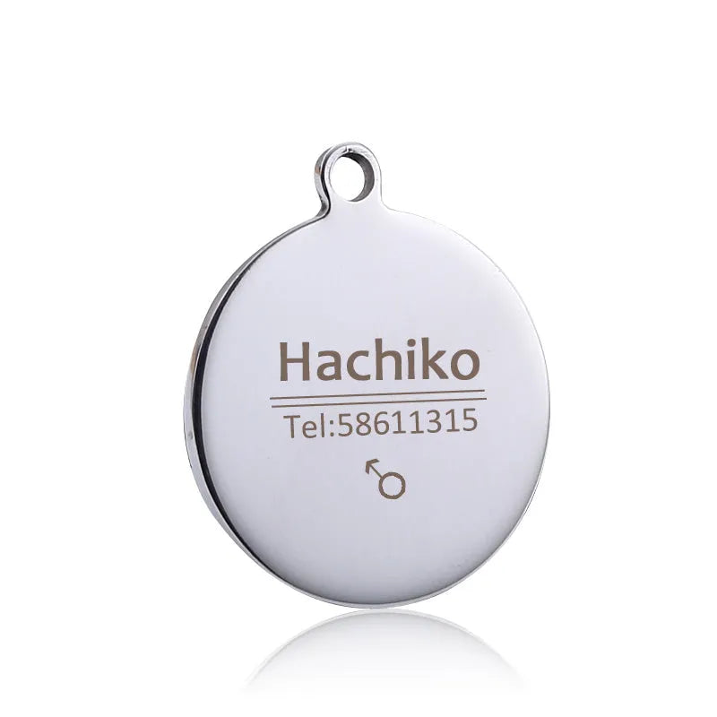 Small pendant stainless steel pet ID tag with custom laser engraving in bone shape on a collar