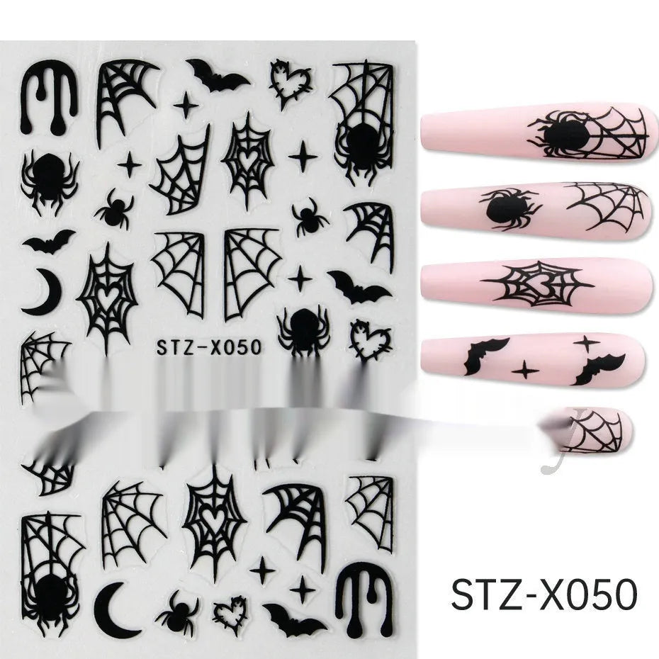 Pack of black and silver striped nail art stickers with cartoon and love pattern designs.