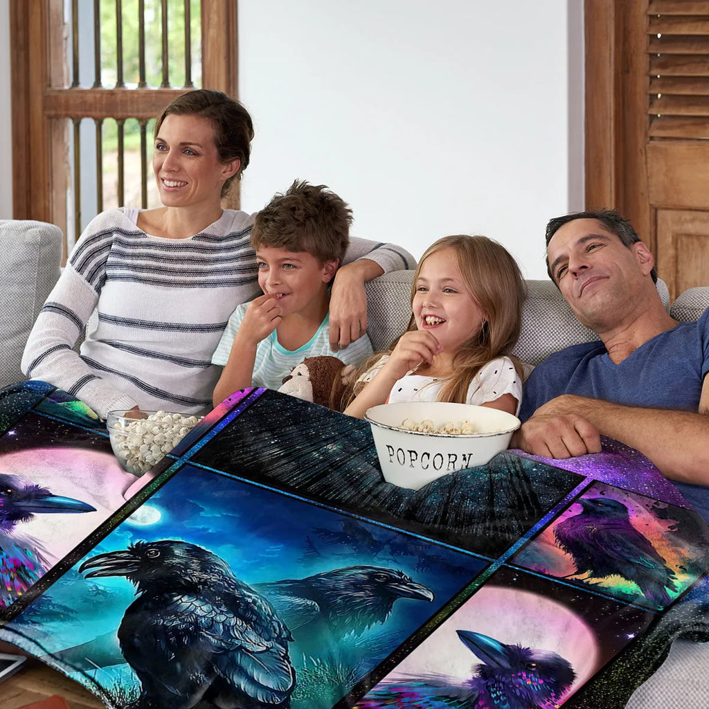 Flannel colourful raven print soft multifunctional throw blanket in multicoloured size options