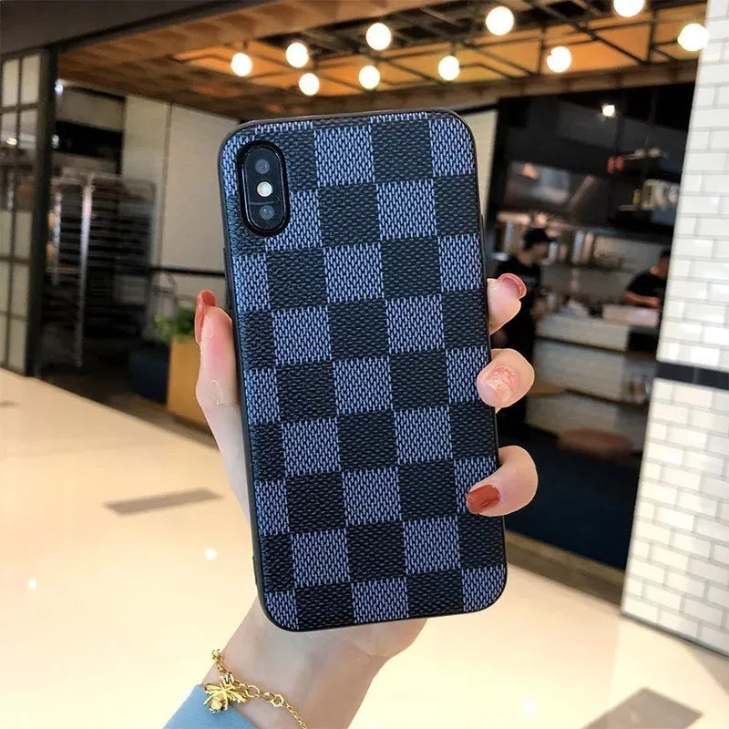 Blue PC leather check phone case with lattice and floral laminated pattern for Apple iPhone