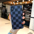 Blue PC leather check phone case with lattice and floral laminated pattern for Apple iPhone