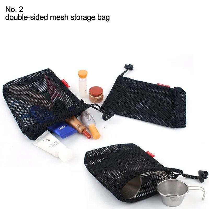 Set of five red outdoor travel storage bags made from Oxford cloth and mesh with zippers.