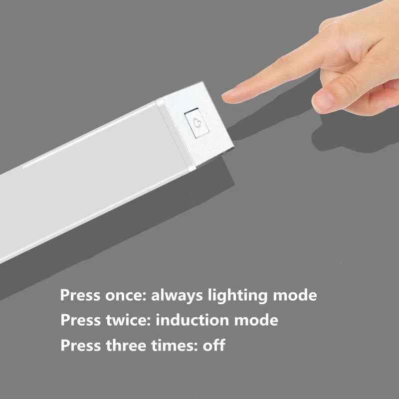 Silver aluminium LED strip light with magnetic backing for wardrobe and cupboard installation.