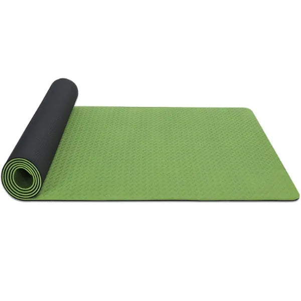 Pure colour EVA yoga brick, thick non-slip mat, and cotton tension band on a floor, in blue, purple, pink, red, black, gray