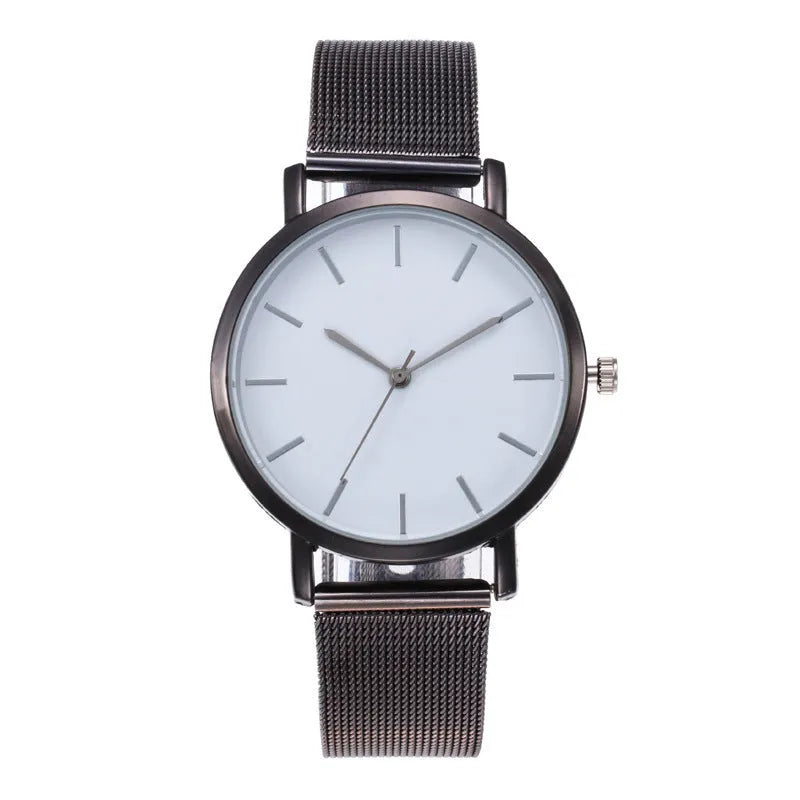 Simple ladies quartz watch with alloy case and stainless steel strap on wrist