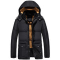 Men's black velvet padded winter jacket with double-breasted placket and hood, loose fit design