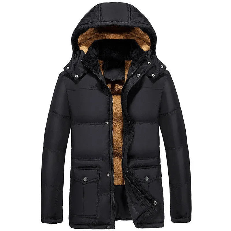 Men's black velvet padded winter jacket with double-breasted placket and hood, loose fit design