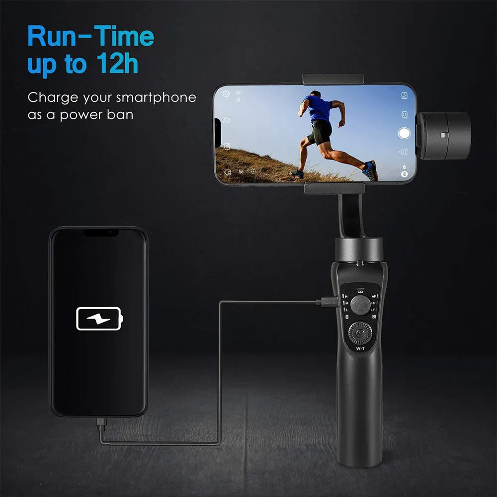 Black three-axis handheld mobile phone gimbal stabilizer with compact design