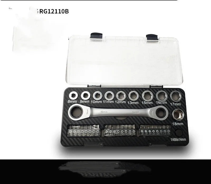 Dual-purpose ratchet wrench and screwdriver set with a collection of ten sockets and three bit heads laid out.