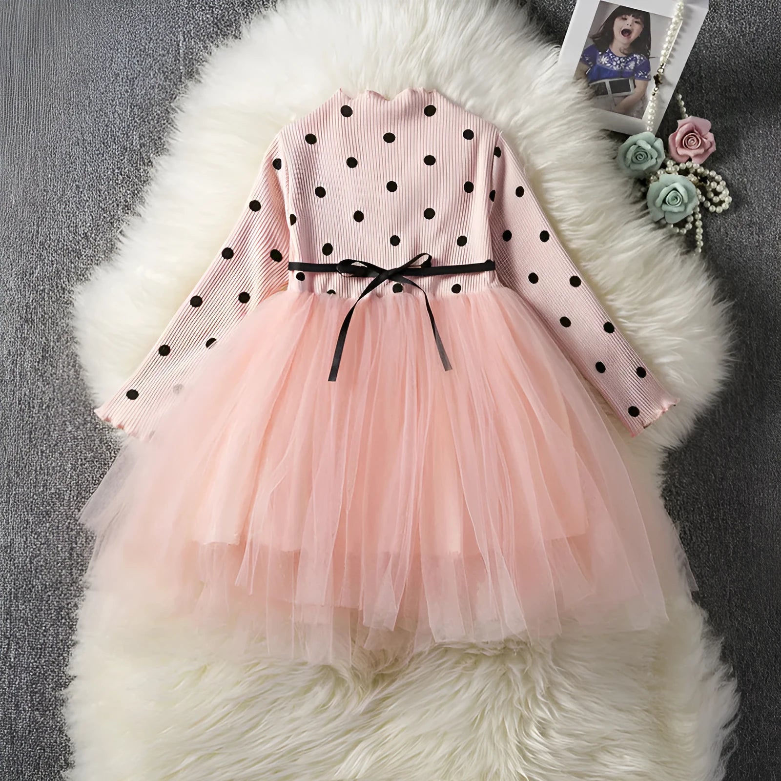Baby girl's long sleeve black tutu lace dress for birthday parties and christenings.