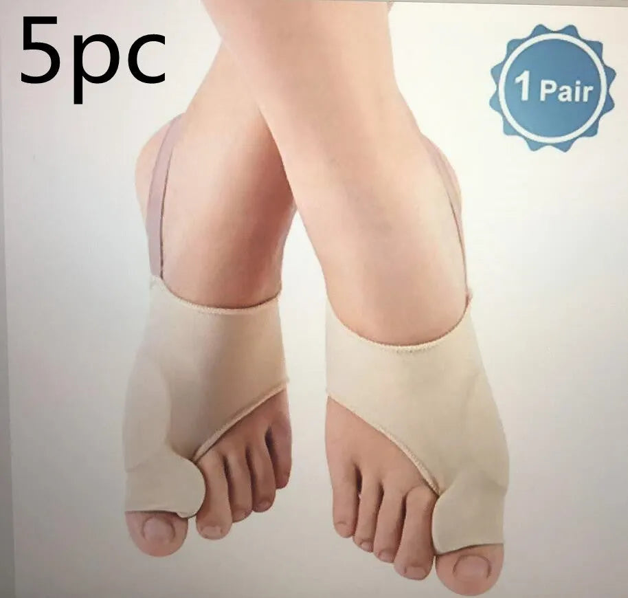 Pair of stretchable corrective socks with a visible gel bunion pad and silicone toe separator.
