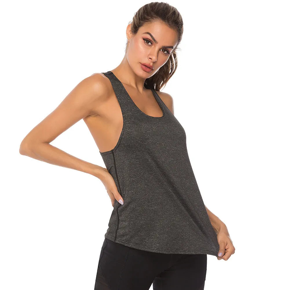 Women's athletic vest in slate blue with racerback design and O-neck collar
