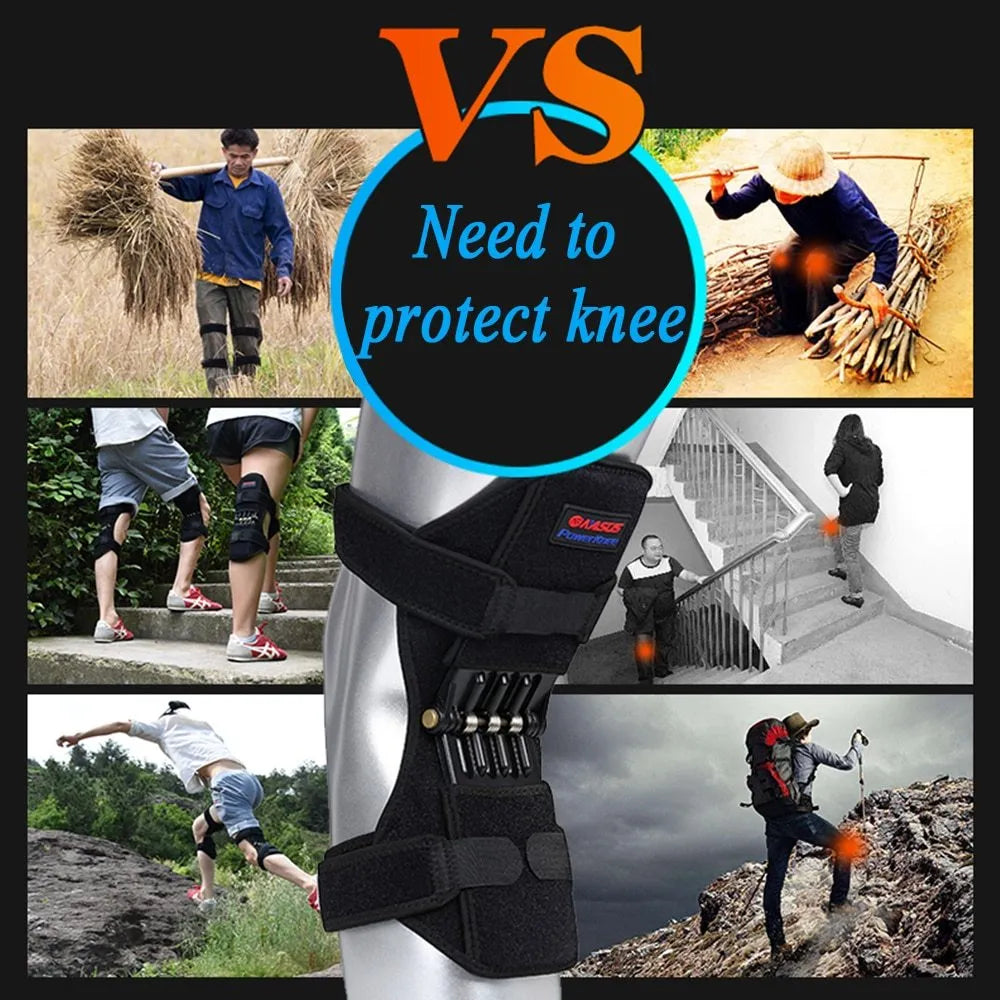 Adjustable spring knee brace patella booster in black colour with breathable fabric and venting holes