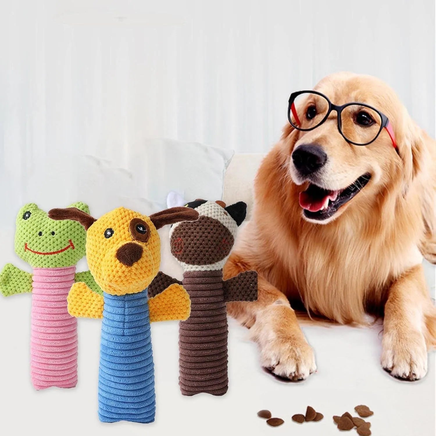 Three dog squeaky chew toys showing calf, frog, and puppy shapes, 19cm long soft plush construction