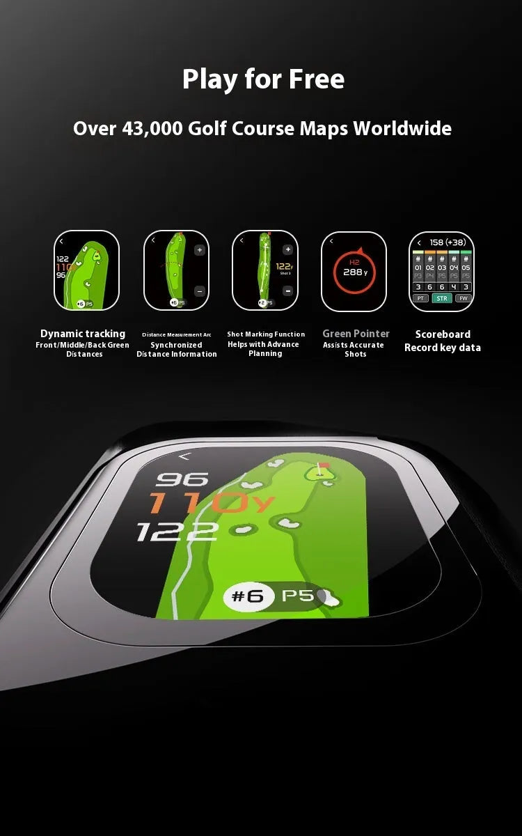 Black GenePro G1 GPS golf rangefinder showing AMOLED display and objective lens