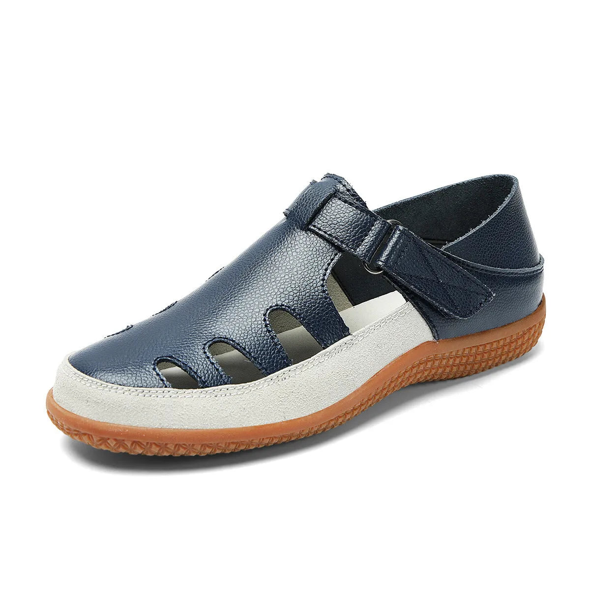 Women's plus size flat heel sandals with hollow toe cap in blue, red, or white on a thick rubber sole.