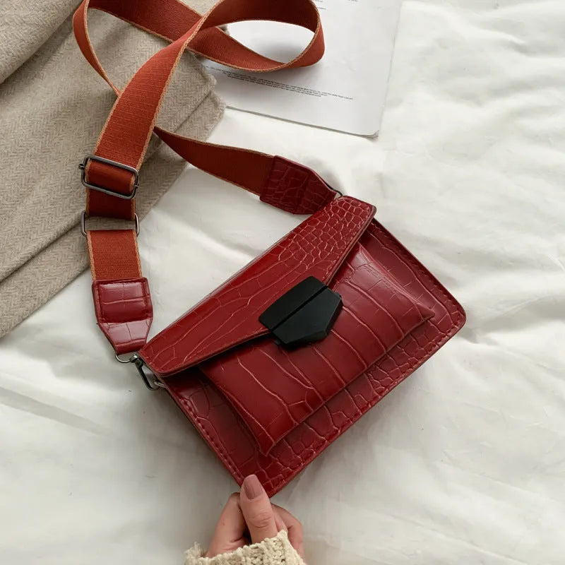 Vintage PU leather crossbody bag showing black, dark brown, khaki and red colour options