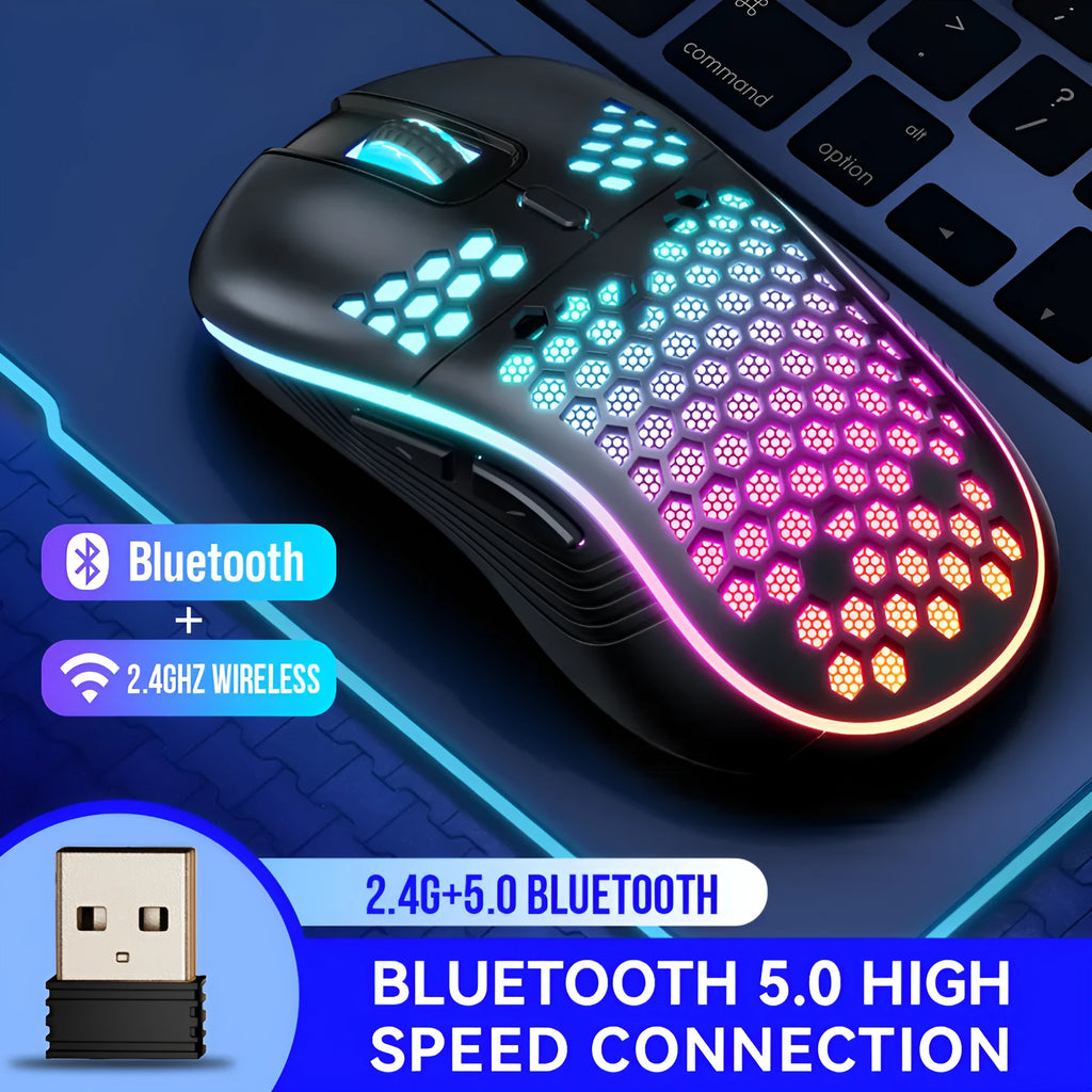SA-1 dual mode honeycomb shell RGB wireless gaming mouse in black with honeycomb pattern and glowing scroll wheel