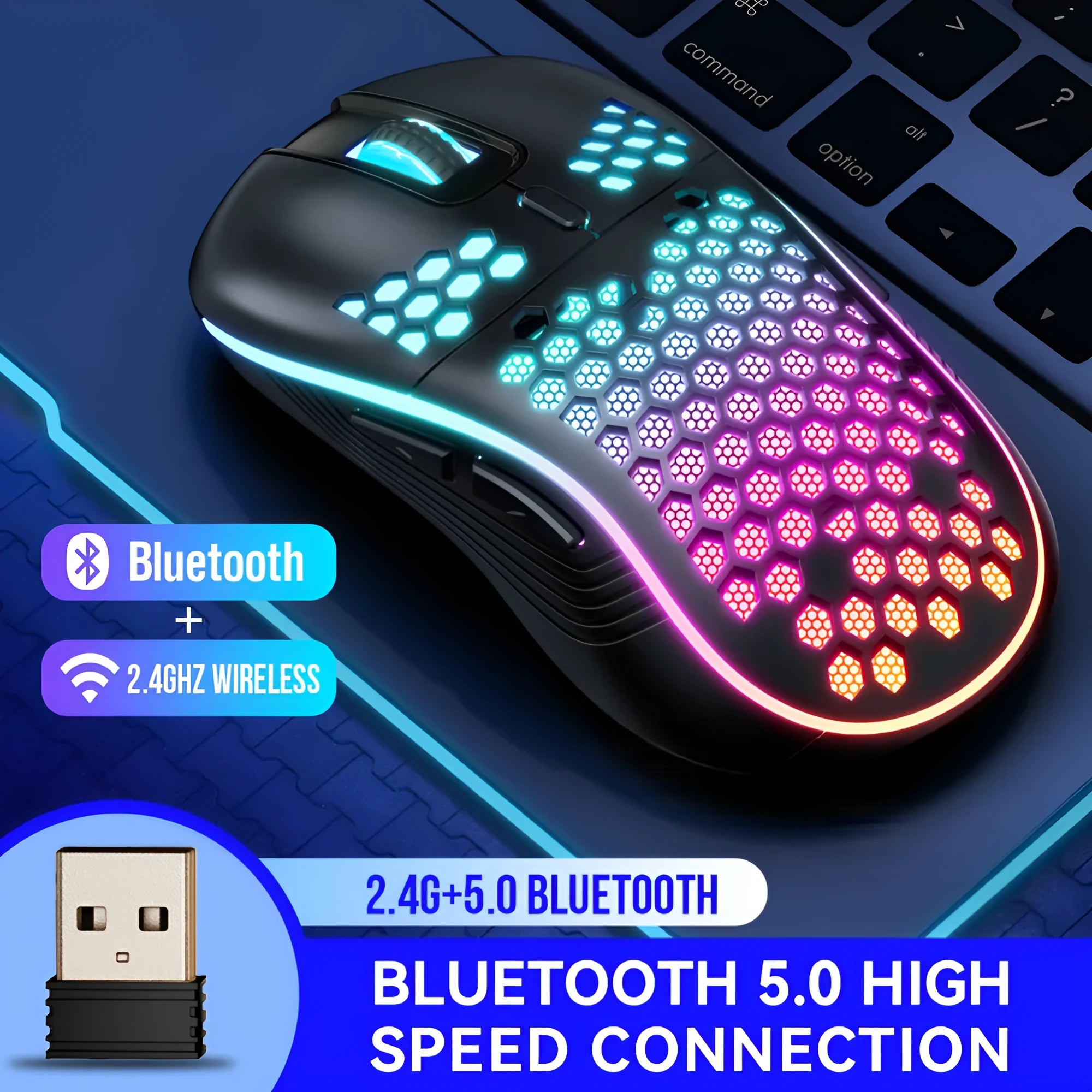 SA-1 dual mode honeycomb shell RGB wireless gaming mouse in black with honeycomb pattern and glowing scroll wheel