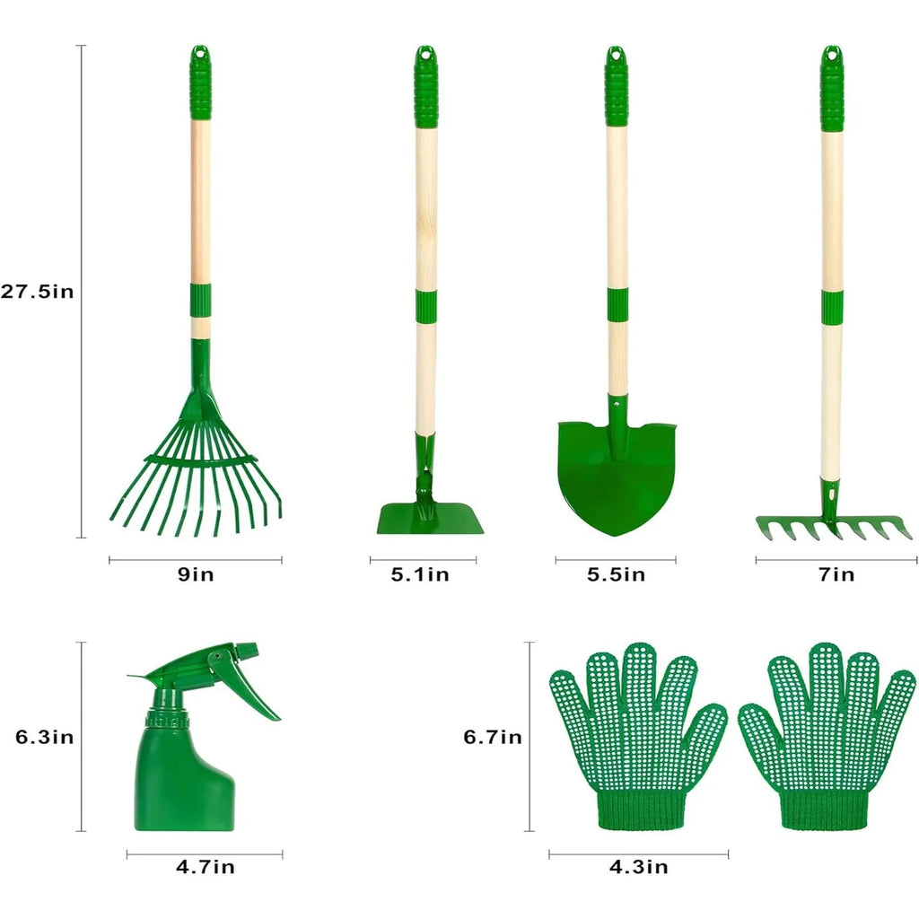 Children's 6-piece green gardening tools set with 45 steel rake and digging tools