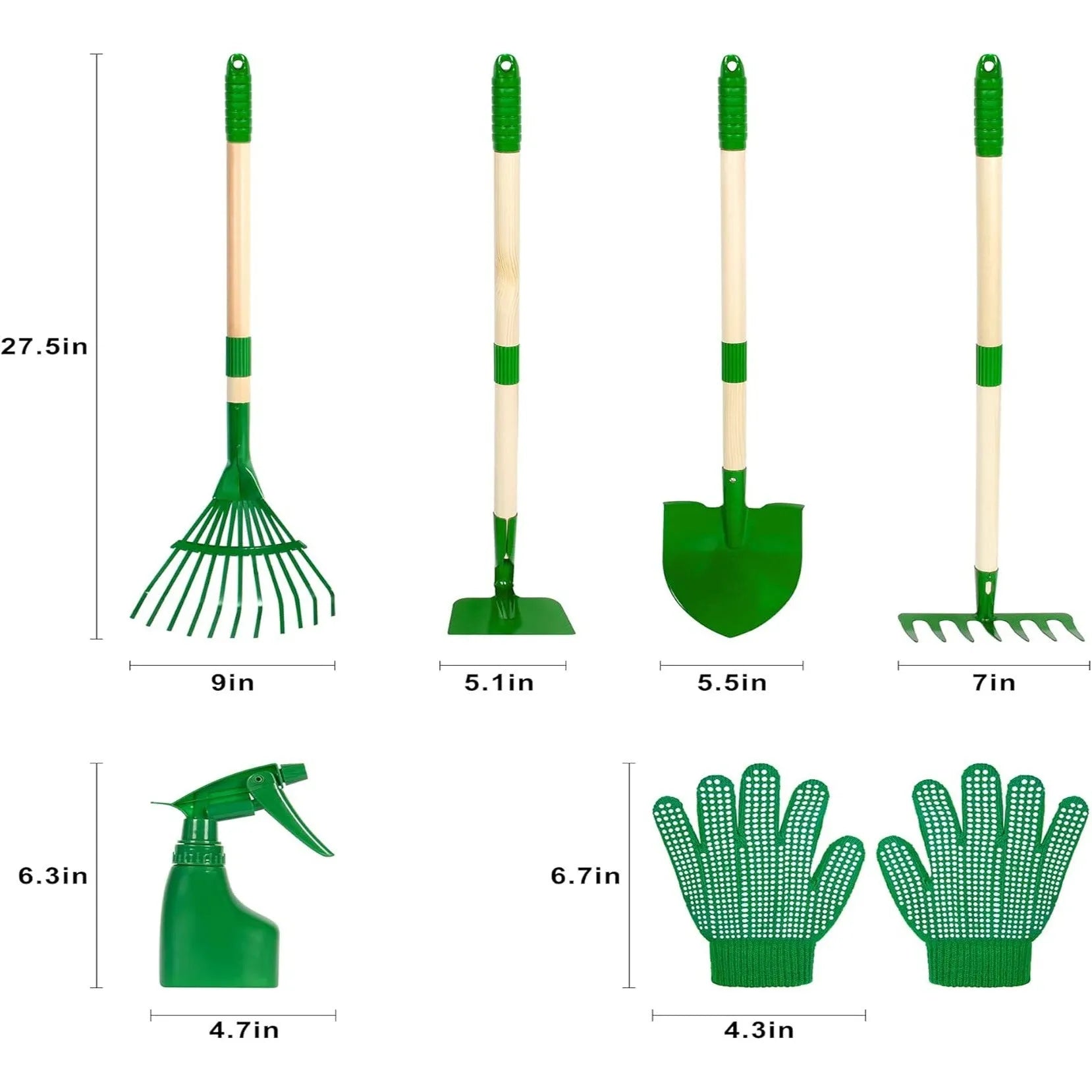 Children's 6-piece green gardening tools set with 45 steel rake and digging tools
