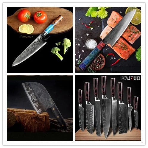 8-piece kitchen knife set with Damascus steel chef knife and multiple blade types