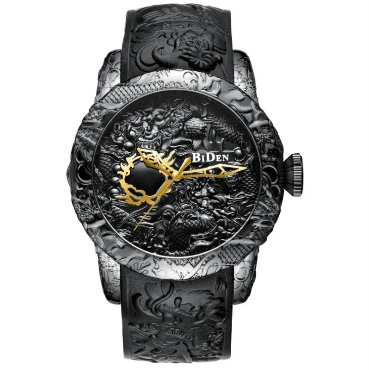 Men's black quartz watch with 3D engraved dragon on dial, 50mm alloy case, and tape strap