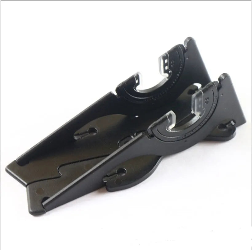 Plastic card type mobile phone holder with lazy bracket in six colour options on desktop