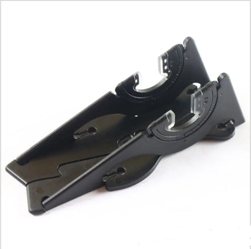 Plastic card type mobile phone holder with lazy bracket in six colour options on desktop