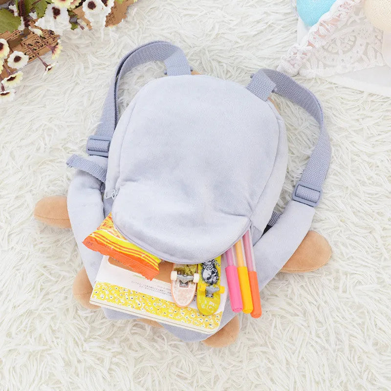 Pink panda short plush traction school bag toy with down cotton filling on soft background