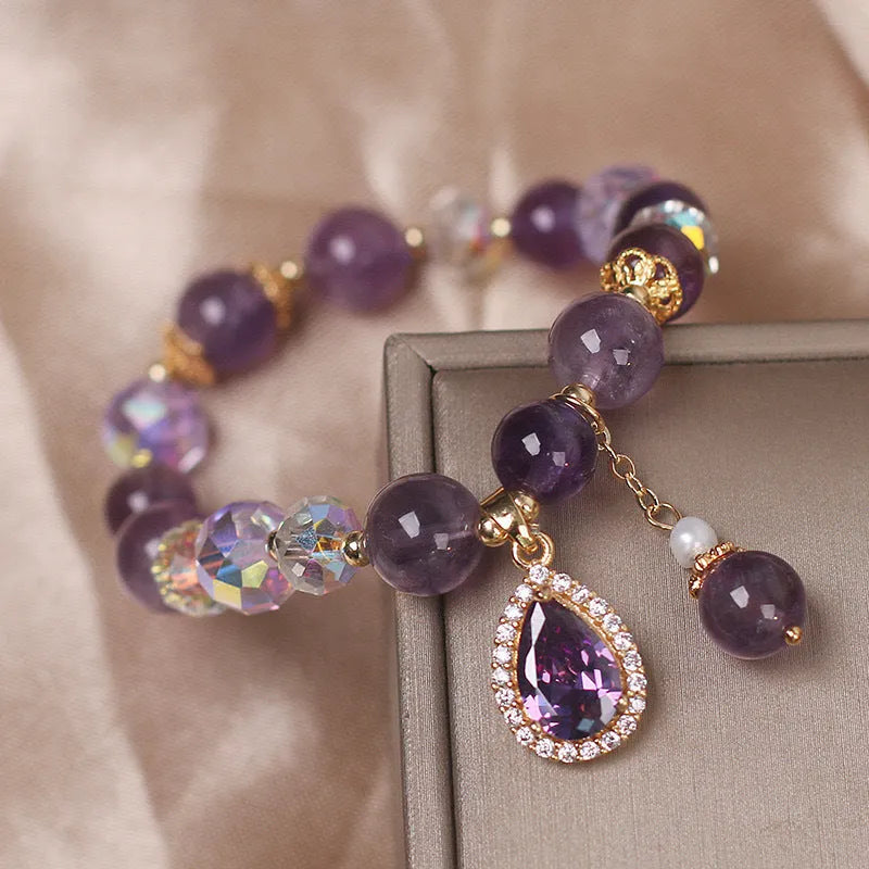 Women's natural amethyst bracelet with purple crystal stones and micro inlay detailing